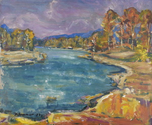 Werkverzeichnis Nr.  1010,  1977, Blaue Isar, Öl auf Karton, 54,3 x 64,8 cm,
						bez. u.l.:  K. Sommer 77