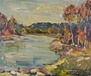 Werkverzeichnis Nr. 1012,  1977, Isar mit Bergen im Hintergrund, Öl auf Karton, 54,3 x 64,9 cm,
						bez. u.r.:  K. Sommer 77 Isar