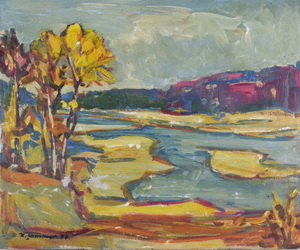 Werkverzeichnis Nr. 1011,  1977, Isar, Pupplinger Au, Öl auf Karton, 54,3 x 64,9 cm,
						bez. u.l.:  K. Sommer 77