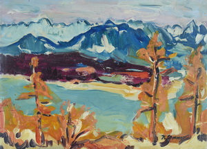 Werkverzeichnis Nr. 1041, um 1977, Blick auf einen Alpensee mit Bergen, Öl auf Karton, 38,2 x 53,0 cm
