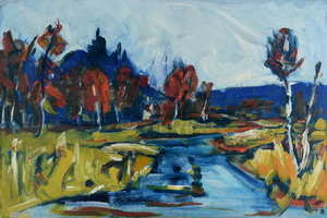 Werkverzeichnis Nr. 1042, um  1977, Gewässer mit Bäumen, Öl auf Karton, 40,4 x 60,6 cm