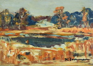 Werkverzeichnis Nr. 1043, um 1977,  Kleiner Weiher mit Bäumen, Öl auf Karton, 24,8 x 34,3 cm