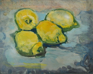 Werkverzeichnis Nr. 1070, um 1977, Vier Zitronen, Öl auf Karton, 24,8 x 31,6 cm