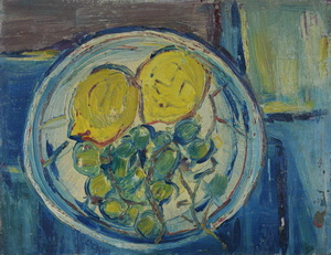 Werkverzeichnis Nr. 1071, um 1977, Zitronen und Trauben auf einem Teller, Öl auf Karton, 27,3 x 35,6 cm