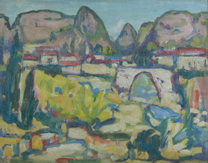Werkverzeichnis Nr. 1056, um 1977, Dorf an der Ardeche, Öl auf Karton, 37,8 x 48,8 cm