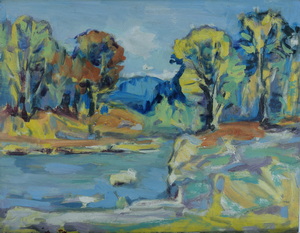 Werkverzeichnis Nr. 1057, um 1977, Flußlandschaft mit Bäumen, Acryl auf Karton, 38,0 x 48,3 cm