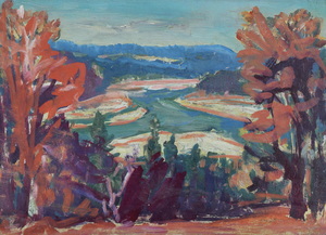 Werkverzeichnis Nr. 1047, um 1977,  Zusammenfluß von Loisach und Isar, Acryl auf Karton, 38,2 x 53,1 cm