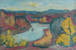 Werkverzeichnis Nr. 1048, um 1977, Isar mit Georgenstein, Öl auf Karton, 40,0 x 61,4 cm