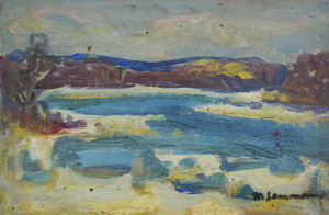Werkverzeichnis Nr. 1046, um 1977,  Gewässer mit weiten Kiesbänken, Öl auf Karton, 24,8 x 34,3 cm