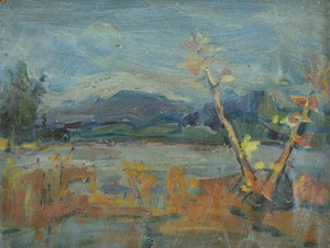 Werkverzeichnis Nr. 1045, um 1977,  Voralpensee mit zwei schlanken Bäumen, Öl auf Karton, 28,0 x 36,2 cm