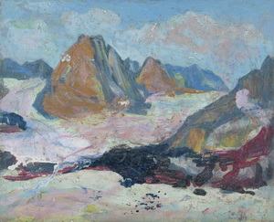 Werkverzeichnis Nr. 1040, um 1977, Stubaier Alpen, Öl auf Karton, 36,8 x 44,9 cm