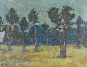 Werkverzeichnis Nr. 1059, um 1977, Bäume auf einem Feld, Öl auf Karton, 37,4 x 48,7 cm
