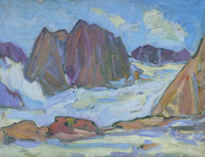 Werkverzeichnis Nr. 1039, um 1977, Stubaier Alpen, Öl auf Karton, 37,5 x 47,8 cm