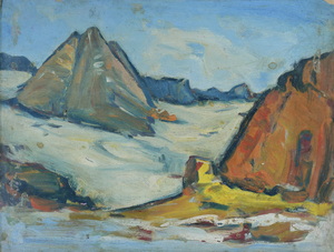 Werkverzeichnis Nr. 1038, um 1977, Gleirsch Ferner, Stubaier Alpen, Öl auf Karton, 37,5 x 47,8 cm