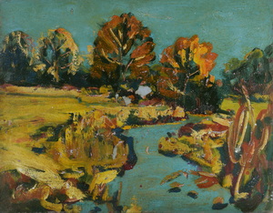 Werkverzeichnis Nr. 1058, um 1977, Bach mit Bäumen, Acryl auf Karton, 37,7 x 48,2 cm