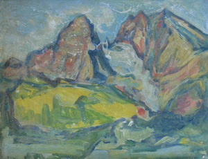 Werkverzeichnis Nr. 1036, um 1977, Watzmann, Öl auf Karton, 38,0 x 48,8 cm