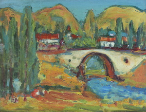 Werkverzeichnis Nr. 1055, um 1977, Brücke über die Ardeche,  Öl auf Karton, 38,2 x 48,5 cm