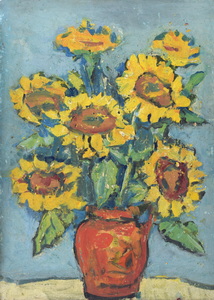 Werkverzeichnis Nr. 1061, um 1977, Sieben Sonnenblumen in braunem Krug, Öl auf Karton, 38,2 x 52,8 cm