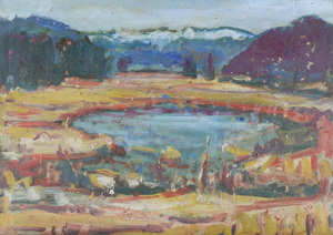 Werkverzeichnis Nr. 1044, um 1977,  Weiher in den Voralpen, Öl auf Karton, 38,2 x 53,0 cm