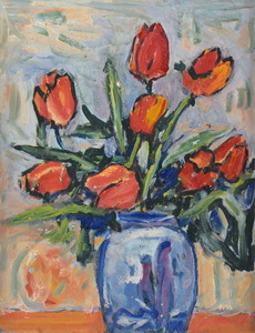 Werkverzeichnis Nr. 1066, um 1977, Tulpen in blauer Vase, Öl auf Karton, 48,2 x 38,0 cm