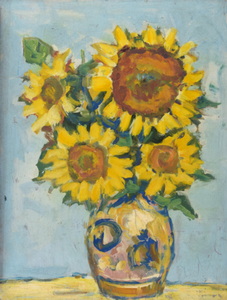 Werkverzeichnis Nr. 1062, um 1977, Vier Sonnenblumen in blauweißer Vase, Öl auf Karton, 48,5 x 37,6 cm