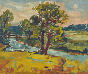 Werkverzeichnis Nr. 1049, um 1977, Baum an einem Bach, Öl auf Karton, 54,5 x 65,0 cm