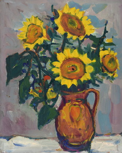 Werkverzeichnis Nr. 1065, um 1977, Vier Sonnenblumen in braunem Krug, Öl auf Hartfaser, 70,2 x 55,5 cm