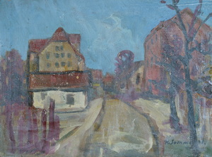Werkverzeichnis Nr. 1073, 1978, Straße mit Häusern,  Öl auf Karton, 37,4 x 49,4 cm,
						bez. u.r.:  K. Sommer 78