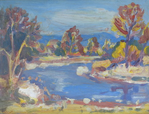 Werkverzeichnis Nr. 1075, um 1978, Isar mit Bäumen, Öl auf Karton 37,7 x 48,8 cm