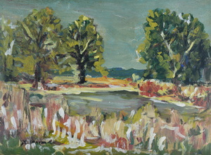 Werkverzeichnis Nr. 1079, um 1978, Grüne Bäume an einem Weiher, Öl auf Karton, 38,2 x 52,4 cm