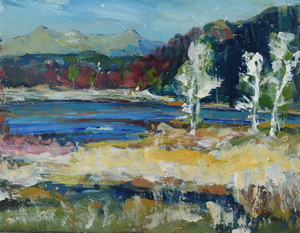 Werkverzeichnis Nr. 1083, um 1978, Kleinerer Ostersee mit Bäumen und Blick auf Herzogstand und Heimgarten, Öl auf Karton, 22,4 x 28,8 cm
