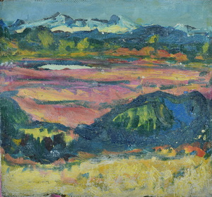 Werkverzeichnis Nr. 1084, um  1978, Kleinerer Ostersee mit Blick auf Herzogstand und Heimgarten, Öl auf Hartfaser, 28,8 x 31,1 cm