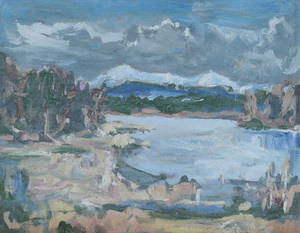 Werkverzeichnis Nr. 1085, um 1978, Ostersee mit Herzogstand und Heimgarten, Öl auf Karton, 37,3 x 48,4 cm