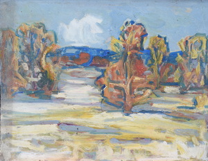 Werkverzeichnis Nr. 1098, um  1978, Schneebedeckte Felder Mit Bäumen, Öl auf Karton, 37,7 x 48,5 cm