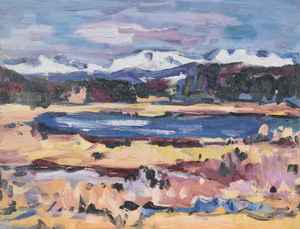 Werkverzeichnis Nr. 1086, um 1978, Voralpensee mit schneebedecktem Gebirge, Öl auf Karton, 37,8 x 48,5 cm