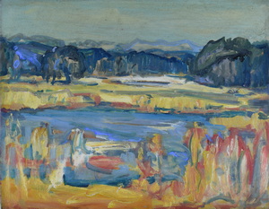 Werkverzeichnis Nr. 1087, um 1978, Voralpensee mit Schilf, Öl auf Karton, 38,2 x 48,8 cm