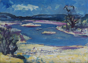 Werkverzeichnis Nr. 1076, um 1978, Isar mit Sandbänken, Öl auf Karton, 38,3 x 53,0 cm