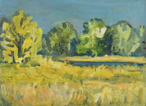 Werkverzeichnis Nr. 1097, um 1978, Kleiner Teich mit Bäumen, Öl auf Karton, 38,5 x 52,8 cm