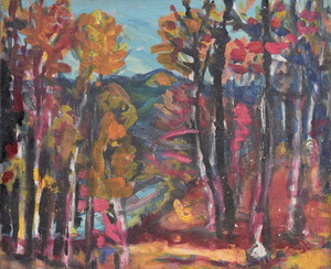 Werkverzeichnis Nr. 1109, um 1978, Blick auf die Isar zwischen Bäumen,  Öl auf Karton, 39,0 x 47,2 cm