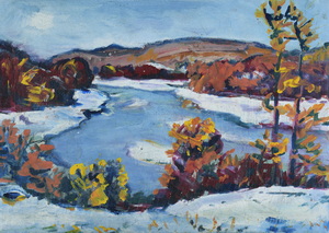 Werkverzeichnis Nr. 1077, um  1978, Isar im Winter, Öl auf Karton, 39,2 x 55,6 cm