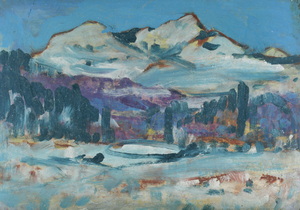 Werkverzeichnis Nr. 1113, um 1978, Schneebedeckte Berggipfel vor flacher Landschaft, Acryl auf Karton, 40,3 x 57,1 cm