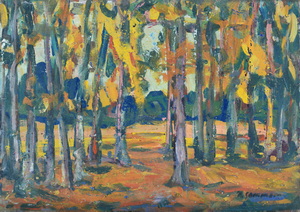 Werkverzeichnis Nr. 1110, um 1978, Blick zwischen Bäumen auf Felder und Wald,  Öl auf Karton, 40,0 x 57,8 cm