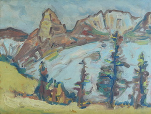 Werkverzeichnis Nr. 1114, um 1978, Berge mit Bäumen vor einem Schneefeld, Öl auf Karton, 44,4 x 59,5 cm