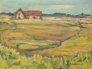 Werkverzeichnis Nr. 1103, um 1978, Gehöft in einer Felderlandschaft mit kleinem Wassergraben, Öl auf Karton, 44,5 x 58,9 cm