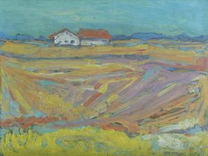 Werkverzeichnis Nr. 1104, um  1978, Gehöft in einer flachen Felderlandschaft, Öl auf Karton, 44,5 x 59,5 cm