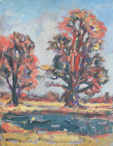 Werkverzeichnis Nr. 1107, um 1978, Bäume an einem Gewässer, Öl auf Karton, 48,4 x 37,8 cm