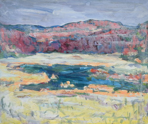 Werkverzeichnis Nr. 1089, um 1978, Weiher vor hügeliger Landschaft, Acryl auf Karton, 51,7 x 60,5 cm