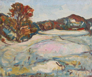 Werkverzeichnis Nr. 1102, um  1978, Schneebedeckte Felder und bewaldete Hügel, Öl auf Karton, 54,5 x 65,0 cm