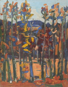 Werkverzeichnis Nr. 1111, um 1978, Lichtung mit Bäumen vor einer Berglandschaft, Öl auf Karton, 56,5 x 71,5 cm