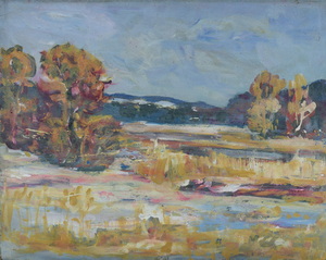 Werkverzeichnis Nr. 1099, um 1978, Mooslandschaft mit Bäumen,  Öl auf Karton, 56,7 x 71,1 cm